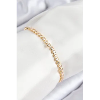 Mey İthalat® Pirinç Zirkon Taşlı Sıralı Model Gold Renk Asansörlü Kadın Bileklik