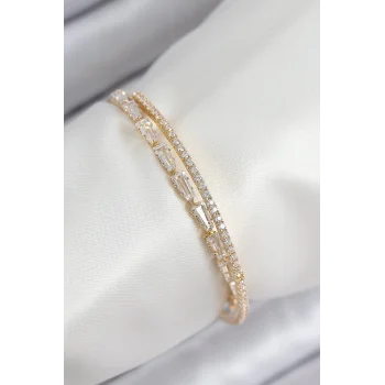 Mey İthalat® Pirinç Zirkon Taşlı Su Yolu Model Gold Renk Kadın Bileklik