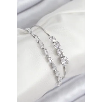 Mey İthalat® Pirinç Zirkon Taşlı Su Yolu Model Gümüş Renk Kadın Bileklik