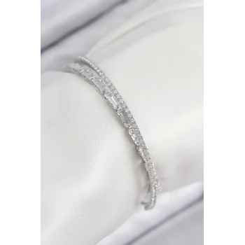 Mey İthalat® Pirinç Zirkon Taşlı Su Yolu Model Gümüş Renk Kadın Bileklik