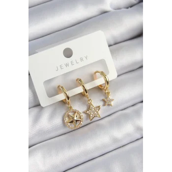 Mey İthalat® Pirinç Zirkon Taşlı Yıldız Model Gold Renk 3lü Çift Kadın Küpe Set