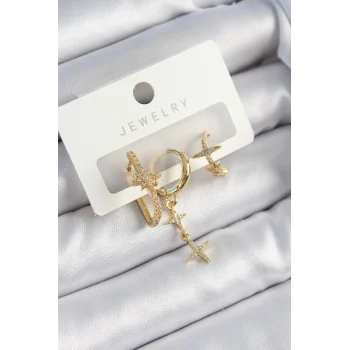 Mey İthalat® Pirinç Zirkon Taşlı Yıldız Model Gold Renk 3lü Çift Kadın Küpe Set