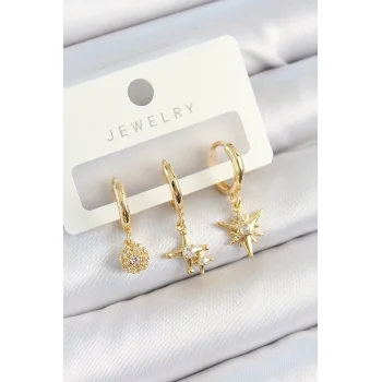 Mey İthalat® Pirinç Zirkon Taşlı Yıldız Model Gold Renk 3lü Çift Kadın Küpe Set