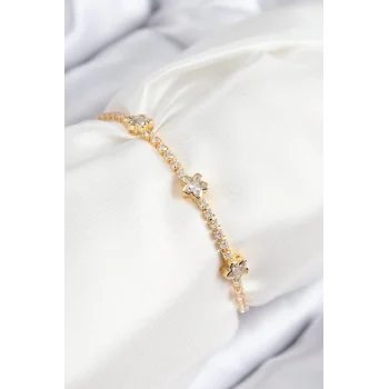 Mey İthalat® Pirinç Zirkon Taşlı Yıldız Model Gold Renk Asansörlü Kadın Bileklik