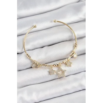 Mey İthalat® Pirinç Zirkon Taşlı Yıldız Model Gold Renk Charm Bileklik