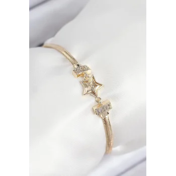 Mey İthalat® Pirinç Zirkon Taşlı Yıldız Model Gold Renk Kadın Bileklik