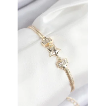 Mey İthalat® Pirinç Zirkon Taşlı Yıldız Model Gold Renk Kadın Bileklik