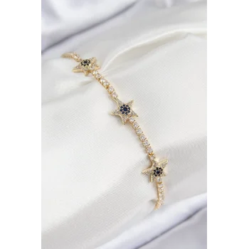 Mey İthalat® Pirinç Zirkon Taşlı Yıldız Model Gold Renk Kadın Bileklik