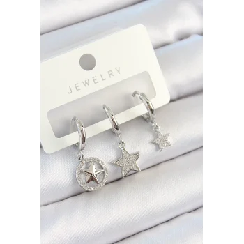 Mey İthalat® Pirinç Zirkon Taşlı Yıldız Model Gümüş Renk 3lü Çift Kadın Küpe Set