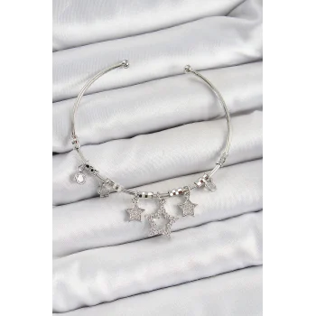 Mey İthalat® Pirinç Zirkon Taşlı Yıldız Model Gümüş Renk Charm Bileklik