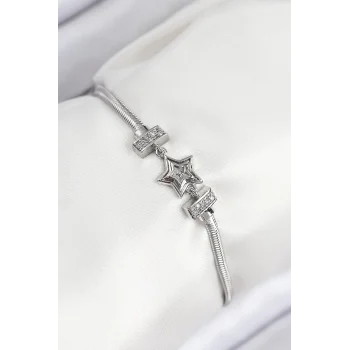 Mey İthalat® Pirinç Zirkon Taşlı Yıldız Model Gümüş Renk Kadın Bileklik
