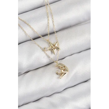 Mey İthalat® Pirinç Zirkon Taşlı Yıldız Ve Ay Model Gold Renk Kadın Kolye