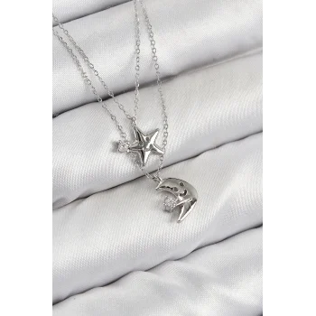 Mey İthalat® Pirinç Zirkon Taşlı Yıldız Ve Ay Model Gümüş Renk Kadın Kolye