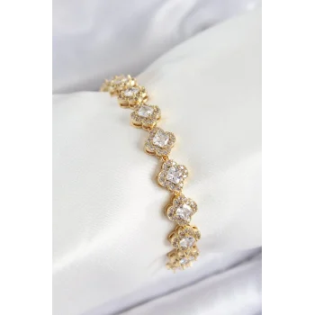 Mey İthalat® Pirinç Zirkon Taşlı Yonca Baget Model Gold Renk VIP Seri Kadın Bileklik