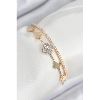 Mey İthalat® Pirinç Zirkon Taşlı Yonca Model Gold Renk Kadın Bileklik