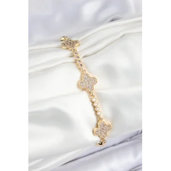 Mey İthalat® Pirinç Zirkon Taşlı Yonca Model Gold Renk Kadın Bileklik