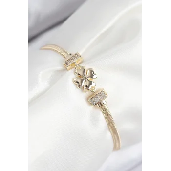 Mey İthalat® Pirinç Zirkon Taşlı Yonca Model Gold Renk Kadın Bileklik