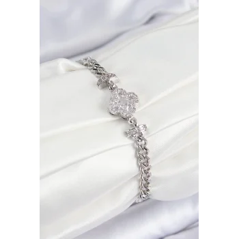 Mey İthalat® Pirinç Zirkon Taşlı Yonca Model Gümüş Renk Kadın Bileklik