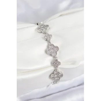 Mey İthalat® Pirinç Zirkon Taşlı Yonca Model Gümüş Renk VIP Seri Kadın Bileklik