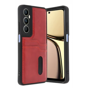 Mey İthalat®  Realme C65 Sara Kartvizitli Deri Kılıf - Kırmızı