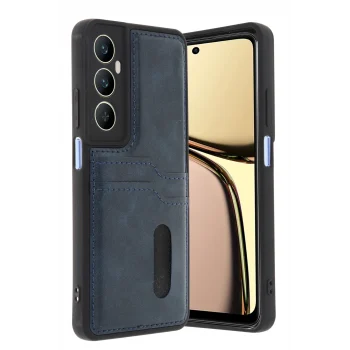 Mey İthalat®  Realme C65 Sara Kartvizitli Deri Kılıf - Lacivert