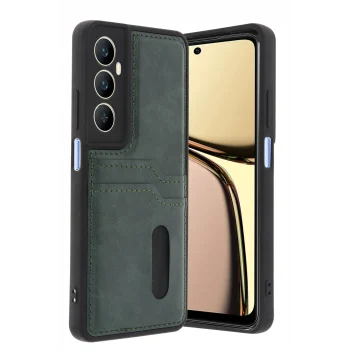 Mey İthalat®  Realme C65 Sara Kartvizitli Deri Kılıf - Yeşil