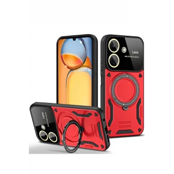 Mey İthalat®   Redmi 13C Kılıf Joy Lens Standlı Kapak - Kırmızı