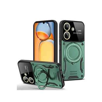 Mey İthalat®   Redmi 13C Kılıf Joy Lens Standlı Kapak - Koyu Yeşil