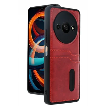 Mey İthalat®   Redmi A3 4G Kılıf Sara Kartvizitli Deri Kılıf - Kırmızı