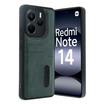 Mey İthalat®   Redmi Note 14 4G Kılıf Sara Kartvizitli Deri Kılıf - Koyu Yeşil