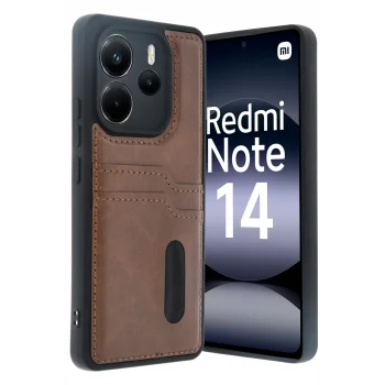 Mey İthalat®   Redmi Note 14 4G Kılıf Sara Kartvizitli Deri Kılıf - Taba