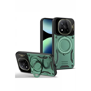Mey İthalat®   Redmi Note 14 Pro 4G Kılıf Joy Lens Standlı Kapak - Koyu Yeşil