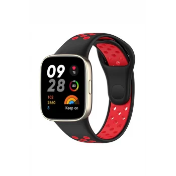 Mey İthalat®   Redmi Watch 3 Spor Delikli Kordon - Siyah-Kırmızı