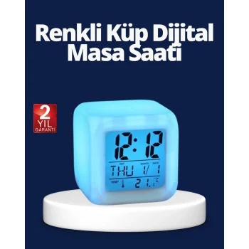 Mey İthalat® Renk Değiştiren LED Alarmlı Dijital Küp Masa Saati