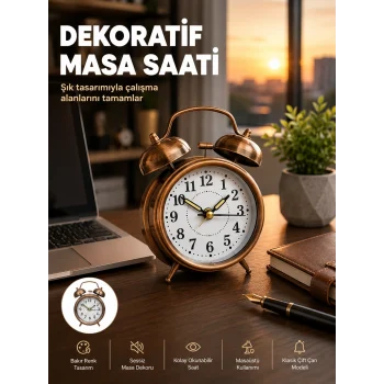 Mey İthalat® Retro Tarz Bronz Dekoratif Masa Saati Metal Gövde Yüksek Sesli Alarm