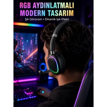 Mey İthalat® RGB Işıklı Bluetooth Mikrofonlu Kulaklık Uzun Süreli Kullanım Type-C Şarjlı