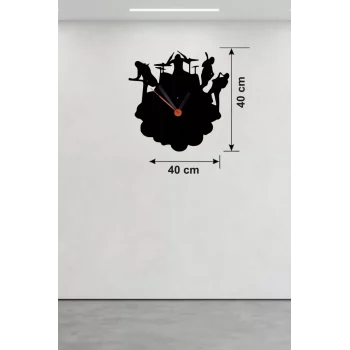 Mey İthalat® Rock Band ve Müzik Temalı Ahşap Duvar Saati - 40x40 cm Lazer Kesim