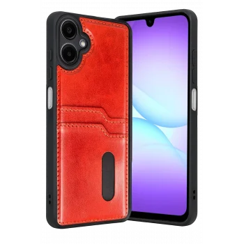 Mey İthalat®  Samsung Galaxy A07 4G Sara Kartvizitli Deri Kılıf - Kırmızı