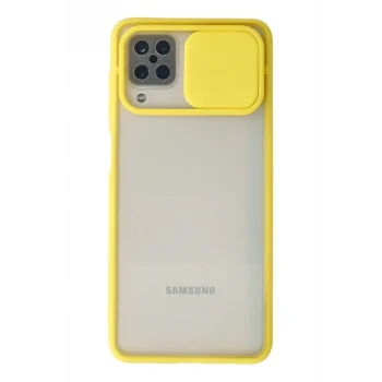 Mey İthalat®  Samsung Galaxy A12 Kılıf Palm Buzlu Kamera Sürgülü Silikon - Sarı