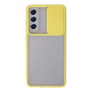 Mey İthalat®  Samsung Galaxy S21 FE Kılıf Palm Buzlu Kamera Sürgülü Silikon - Sarı