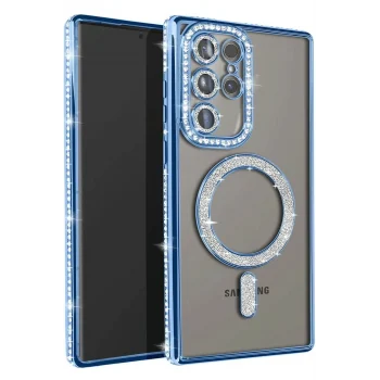 Mey İthalat®  Samsung Galaxy S23 Ultra Joke Simli Magneticsafe Kılıf - Mavi