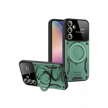 Mey İthalat®  Samsung Galaxy S24 FE Kılıf Joy Lens Standlı Kapak - Koyu Yeşil