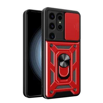 Mey İthalat®  Samsung Galaxy S24 Ultra Kılıf Pars Lens Yüzüklü Silikon - Kırmızı