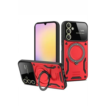 Mey İthalat®  Samsung Galaxy S25 Plus Kılıf Joy Lens Standlı Kapak - Kırmızı