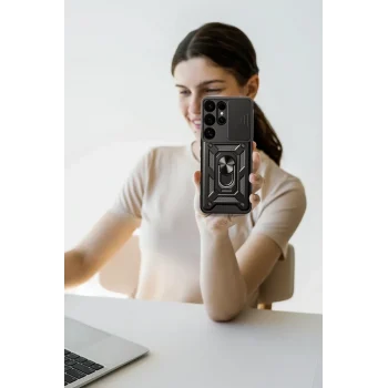 Mey İthalat®  Samsung Galaxy S25 Ultra Kılıf Pars Lens Yüzüklü Silikon - Kırmızı