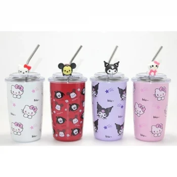 Mey İthalat® Sanrio Hello Kitty Ve Kuromi Figürlü Isı Muhafazalı Metal Pipetli Çelik Kupa