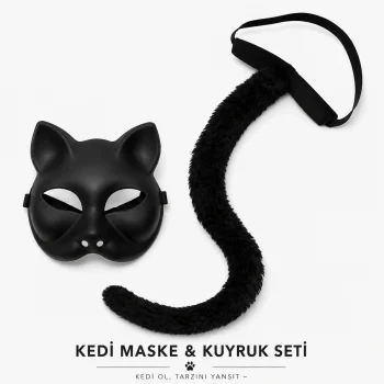 Mey İthalat® Siyah Kedi Maskesi ve Peluş Kuyruk Kostüm Seti 70 cm