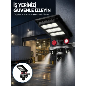 Mey İthalat® Solar Panelli 3 Lens Dış Mekan Güvenlik Kamerası Hareket Algılamalı LED Aydınlatmalı