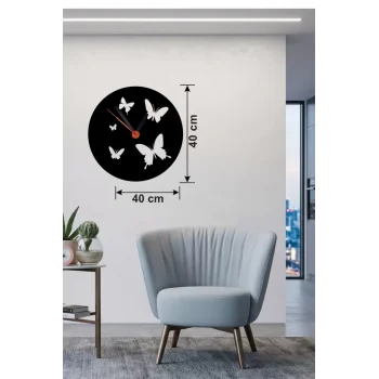 Mey İthalat® Uçuşan Kelebekler Tasarım Ahşap Duvar Saati - 40x40 cm Dekoratif