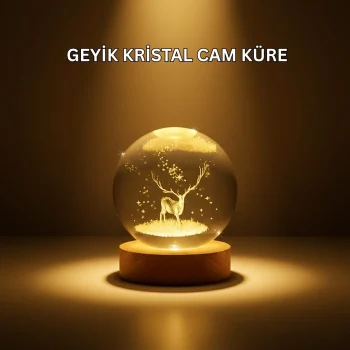Mey İthalat® USB Bağlantılı Geyik Temalı Kristal Küre Premium Masa Gece Lambası